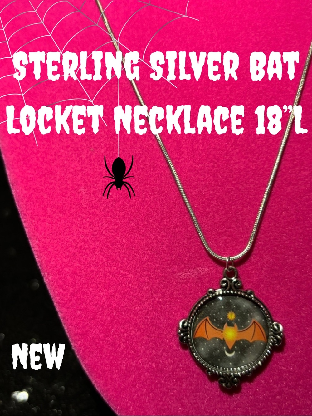 Halloween Bat Spooky Necklace Victorian Goth Locket Sterling Silver Jewelry alt